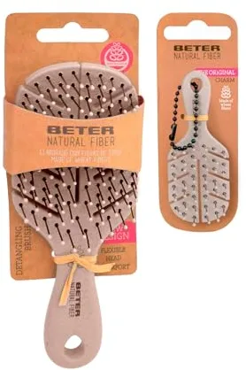 Beter - Cepillo de pelo antitirones Natural Fiber MINI+Charm mini, Desenredante, Antienredos y Antirotura, Ecológico, Peinado suave y sin tirones, Todo tipo de cabellos, Viajar, Color Charm Aleatorio