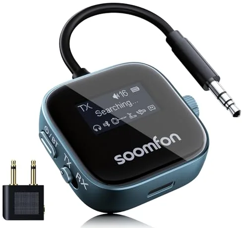 SOOMFON Transmisor Receptor Bluetooth 5.3, 2 en 1 Adaptador Bluetooth Jack 3.5 Baja Latencia & HD, Esmisor Audio Doble Conexión con Pantalla LCD, Receptor para TV/Avión/Coche/Auriculares/Altavoces