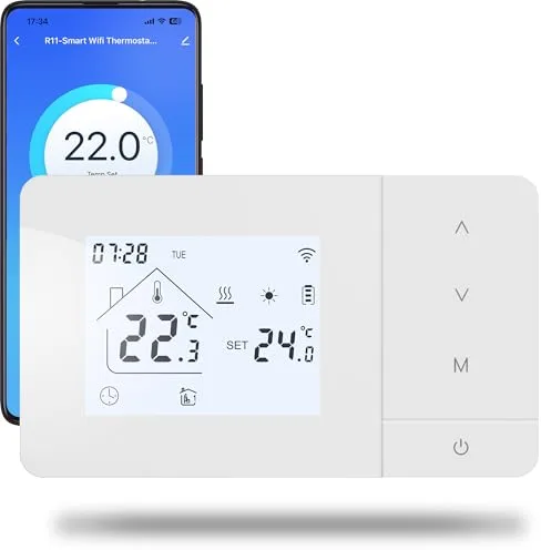 termostato de batería WiFi de 2 Hilo para Control de calderas de Gas Termostato Tuya programable Diariamente, Compatible con Control por Voz de Google y Alexa.W506 3A