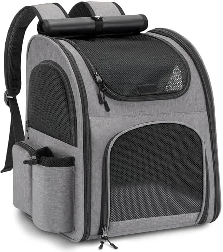 Mochila para Gatos Perros, Mochila Transportin Gato Perro 10kg, Ventanas de Malla Transpirable Bolso para Perros Pequeños Gatos Mascotas con Correa de Seguridad y Alfombra para Mascotas - Gris
