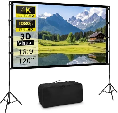 Proyector de pantalla con trípode, 120 pulgadas, pantalla de proyección portátil para exteriores, sin arrugas, 16:9, HD, parte trasera, jardín, proyección con bolsa de transporte, para camping, hogar