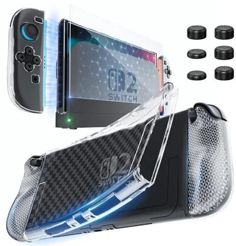 HEYSTOP Carcasa para Nintendo Switch 2, Funda Protectora Transparente de TPU Suave Acoplable para Nintendo Switch 2 Joycon Grips con Protector de Pantalla de Vidrio Templado y 6 Tapas para Joysticks