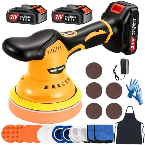 Ofeace Pulidora Coche Inalambrica con 2*21V Baterías, 2800-5500RPM Kit Pulidora Orbital Coche con 8 Velocidades Variables para Pulir, Encerar y Eliminar Arañazos del Coche (Amarillo)