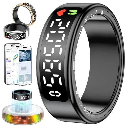 2026 Anillo Inteligente Hombre Mujer, Smart Ring con Pantalla LED, Health Fitness Ring Tracker IP68, Smartring con iOS y Android para Monitorear el Sueño/Pulsometro/SpO2/Estrés/HRV (Negro, 13)