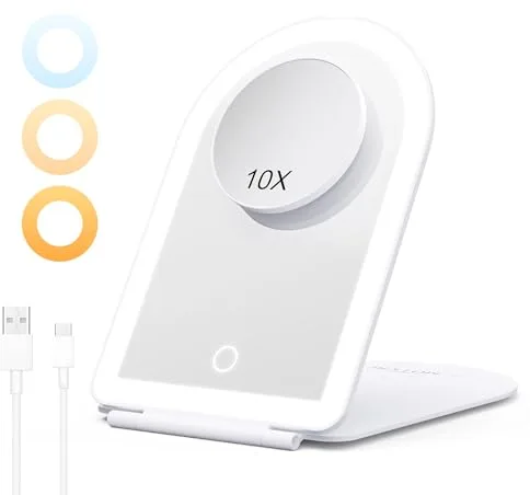 BESTOPE PRO Espejo Maquillaje con Luz Recargable, 10X Aumento, 3 Colores Luminosidad Regulable, Control Táctil y Función Memoria, Espejo Plegable para Viajes y Tocador, Blanco