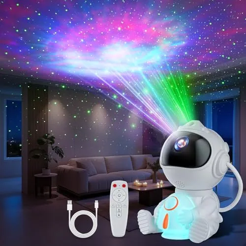 Astronaute Projecteur, LED Projecteur Ciel Etoile avec 8 Modes Nébuleuses & 5 Modes de Luminosité et de Vitesse, 2 Modes Étoiles, Projecteur Galaxie Veilleuse Fusée pour Adultes et Enfants