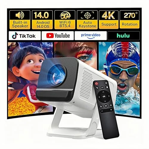 [Apps Integradas & Android 14] Mini Proyector con 5G WiFi 6 Bluetooth 5.4, Soporte 4K 1080P, Auto Keystone, 270° Rotable Projector Portátil Compatibile con HDMI/TV Stick/Laptop/USB/iOS LYNCAST