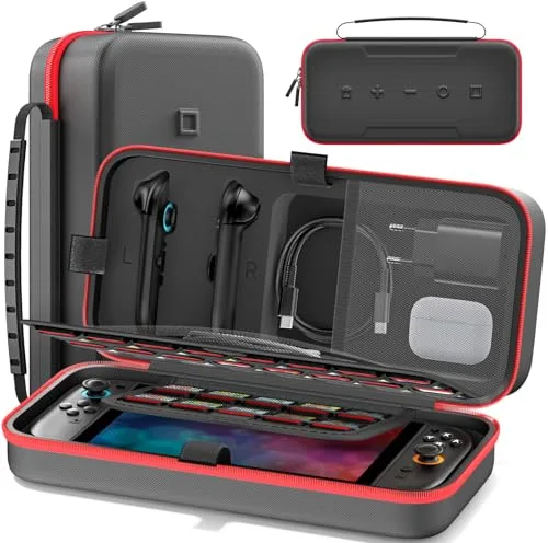 Tokluck Funda Transporte para Switch 2 Joy-con 2025/OLED 2021/2017, Bolsa de Viaje para Switch Consola & Mando Joy-con, Estuche para Nintendo Accesorios para 26 Tarjetas de Juego & Adaptador CA, Rojo