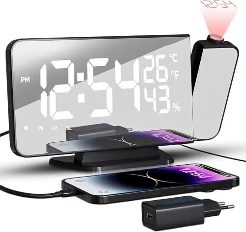 TAKRINK Despertador de Proyección con Radio FM Reloj Digital HD Proyector Rotatorio 180° 4 Brillos 2 Alarmas Duales Snooze Temporizador Sueño Puerto USB Type C Elegante