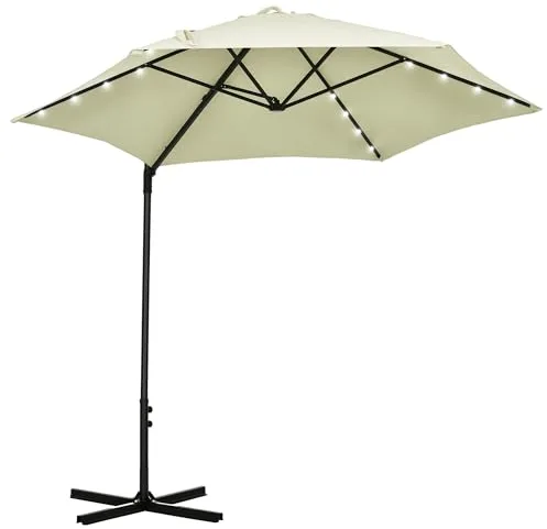 Outsunny Sombrilla de Jardín Ø256x248 cm Parasol de Terraza Manual con Poste Giratorio 360° y Luces LED Solares Ventilación Superior para Patio Jardín Piscina Beige