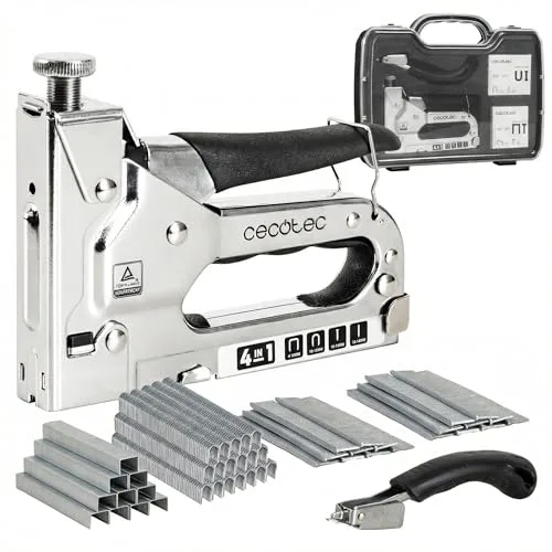 Cecotec Grapadora Manual para Grapas, Grapas en U, Clavos y Clavos sin Cabeza FastTacker 4in1 Full Equip, Extracción de Grapas Fácil, Regulador de Potencia, Incluye 8000 Grapas, Quitagrapas y Maletín