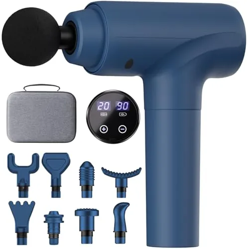 Pistola de masaje, masajeador de percusión muscular, pistola de masaje con pantalla táctil LED, 20 velocidades, 9 cabezales de masaje, bolsa de transporte, pistola de masaje eléctrica silenciosa
