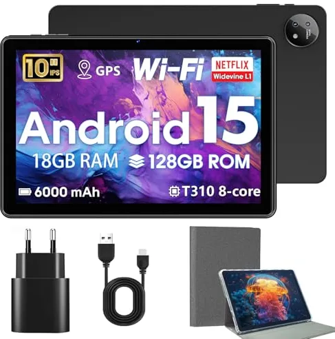Hasskya Tableta 10 Pulgadas y Funda con Android 15, 18 GB RAM+128 GB ROM, 1 TB de expansión, Compatible con Widevine L1, Ocho núcleos, WiFi 5, Google GMS, GPS, 6000 mAh, Cámara Dual (5 MP+8 MP)