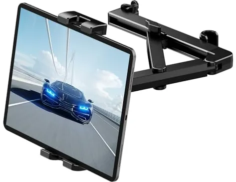Romon Soporte Tablet Coche, Soportes Coches Reposacabezas Support Extensible Automóvil 360° Rotación Estructura Triangular Estabilizadora para Tablet Móvil Otros Dispositivos de 4.7-12.9