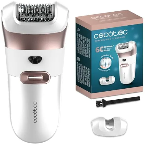 Cecotec Depiladora Eléctrica de Arranque con Accesorio Zonas Sensibles SkinCare Depil-Action 6000. 60 Láminas, Luz LED, Autonomía 60 minutos, Clasificación IPX5, Diseño Ergonómico, Indicador LED