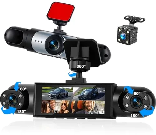 CAMECHO Dashcam 4 Canales 1080P, visión 360° para Coche, 4 cámaras Ajustables, Pantalla 3.16