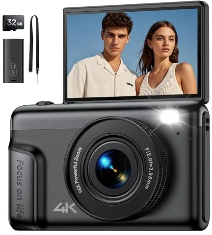 Camara de Fotos Digital 4K Compacta: 64MP Cámara Digital con Pantalla Abatible Flip180° De 3
