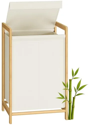 SONGMICS Cesto para Ropa Sucia de 2 Compartimentos, Marco de Bambú, Tapa Reforzada y Extraíble, Bolsa Interior Desmontable, 100 L, Blanco Crema RLH102WD01