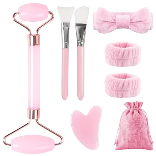 BORISCA Juego de Rodillo Cara Masaje y Piedra Gua Sha Masajeador Facial Jade Elimina la Hinchazón y Proporciona Cuidados Antes de Dormir Regalos Guasha Facial Jade para Familia, Amigos, Mantes (Rosa)