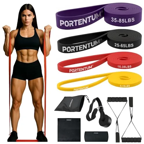 PORTENTUM Gomas elasticas musculacion Set de 10 – Bandas de Resistencia 4 Niveles Intensidad – Asas, Anclaje Puerta, Fundas y Bolsa – Gimnasio en casa Hombres y Mujeres – Fuerza Fitness Crossfit Yoga