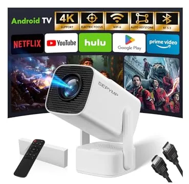 [Apps integradas & 2025 Upgraded] Proyector Portatil,SEPYMP Mini Proyector 4K,1080P HD-WiFi 6-BT 5.2, Android 13, Compatibile con HDMI/USB/TV Stick/PS5/Laptop, Blanco