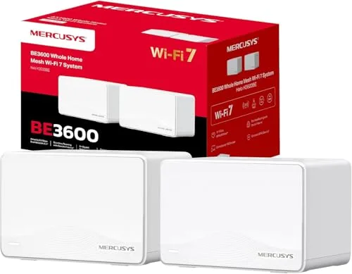 Mercusys Halo H3600BE (2-Pack) – Sistema Mesh WiFi 7 Dual Banda de 3,6 Gbps, Cobertura hasta 460 m², más de 150 Dispositivos, 3 Puertos Gigabit por Unidad