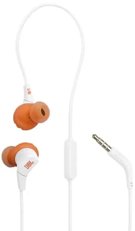 JBL Endurance Run 3 Auriculares Deportivos con Cable, tecnología FlipHook y TwistLock, Resistentes al Polvo y al Agua, IP65, Sonido JBL Pure Bass, micrófono y Mando, Blanco