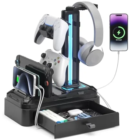 KDD Soporte Auriculares Gaming con Cargadores USB A Tip C, Soporte Cascos Gaming & Soporte Mandos PS5 Extraíble con Cajón para Móviles Tabletas para Escritorio Gamer Accesorios Gaming PC