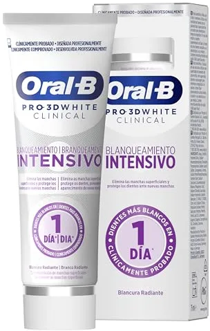 Oral-B Pro 3D White Clinical Blanqueamiento Intensivo Pasta De Dientes Blanqueadora, Elimina Las Manchas Superficiales, Dentífrico Blanqueante Con Sabor a Menta Siempreverde, 75 ml