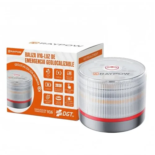 RAYPOW Baliza V16 Homologada DGT con Geolocalización IoT Luz Emergencia Coche Visible 1 km 360° Datos Incluidos hasta 2038 Sustituto Oficial Triángulos IP54 Resistente Agua y Polvo (RP-V16)