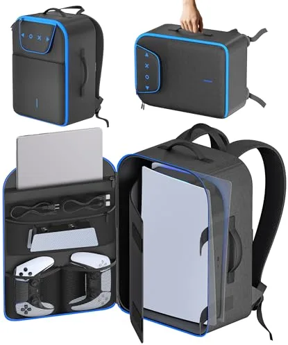 Mochila de Transporte para Consola PS5/Slim/Pro, Bolsa de Almacenamiento para PS5 de Gran Capacidad para Portátil de 16'', Funda para PS5 Accesorio para Mando P5, Auriculares y Discos