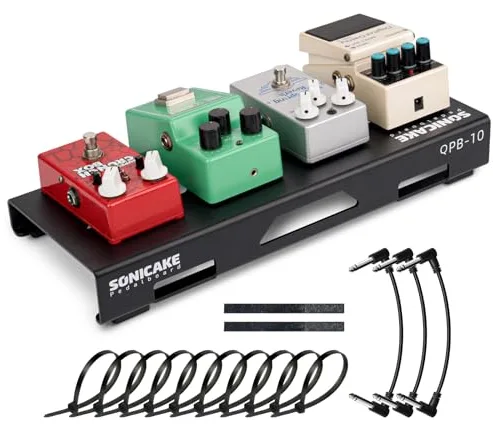 SONICAKE Pedalera Mini para Guitarra de Aleación de Aluminio 36 x 14.5 x 5 cm con Cinta para Pedales, Bridas y Cables de Conexión Negro QPB-10