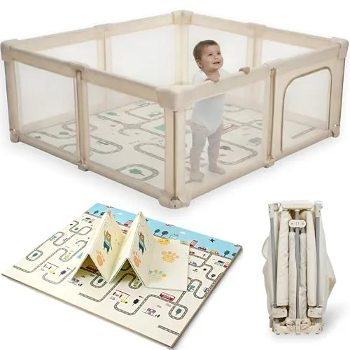 Parque Infantil Bebé Plegable 130x130 con Alfombra Acolchada – Corralito Bebé Seguro y Estable, Fácil Montaje, Parque de Juegos para Bebés Portátil con Vallas Altas (Beige)