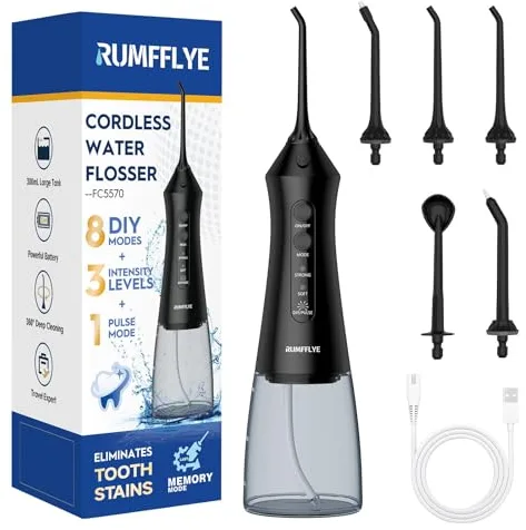 RUMFFLYE Irrigador Dental Portátil Irrigador Bucal Inalámbrico Profesional Water Flosser 12 Modos 5 Boquillas Irrigador eléctrico oral IPX7 Impermeable 300ML USB Recargable Para Casa y de Viaje(Negro)