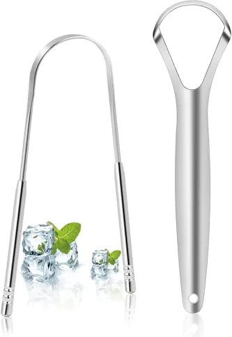 Blendura Raspador de Lengua, Limpiador de Lengua de Acero Inoxidable 2 Piezas, para Aliento Fresco e Higiene Bucal, Diseño Ergonomico