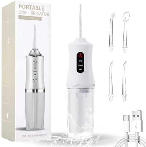 Irrigador Dental Portatil Bucal, Water Flosser, Impermeable Irrigador-Dental, Recargable Irrigadores Dentales, Limpiador Dientes Agua Presion 4 Boquillas 1 Cable de Carga-Blanco