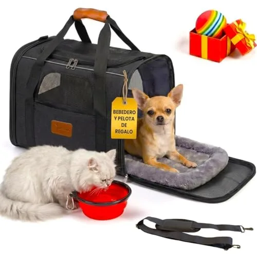 NICEOWL® Transportin Perro Gato Plegable y Reforzado con Cama, Bebedero y Juguete de Regalo | Transporte de Gato Viaje Cómodo y Seguro | Bolsa de Transporte Portátil con Ventilación 360º