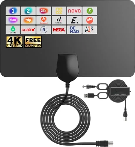 Antena TV Interior con Amplificador Señal HDTV 8K 4K 1080P para Smart TV Instalación Adhesiva Ultrafina Compatible con Todos los Televisores 5M Cable Coaxial