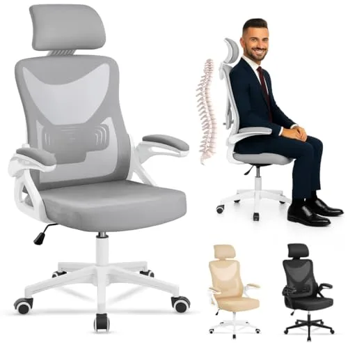 EveryKip® Silla Escritorio Ergonomica Ajustable con Reposabrazos Beige| Ruedas Anti-Arañazos | Sillas Oficina Ejecutiva con Reposacabezas | Cadeira Ergonómica Office Chair (Gris)