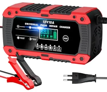 RYQLVOT Cargador de Batería de Coche 12V 10A Cargador Baterias Coche y Moto con Pantalla Táctil LCD Inteligente y Múltiples Protecciones Cargador de Batería para Auto Moto Camión AGM, Gel, SLA