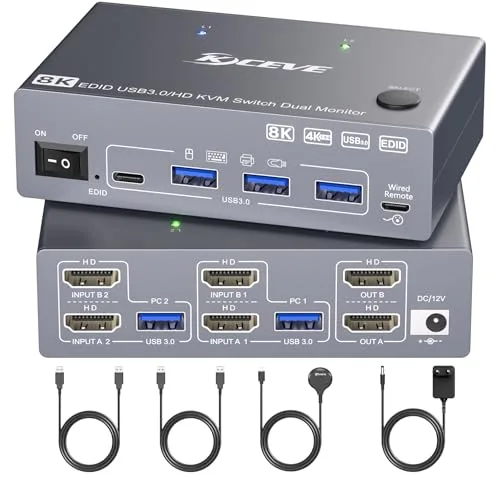 YOUTINGHDAV USB 3.0 HDMI KVM Switch 2 PC 2 monitores con EDID, 8K @ 60Hz y 4K @ 144Hz, Dual Monitor KVM Switch Share Teclado Ratón, 4 puertos USB 3.0, Mando con cable, Adaptador de alimentación