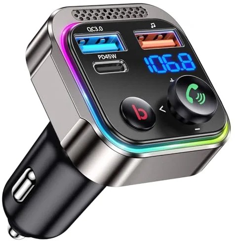 GizmoVine Bluetooth Coche,Transmisor FM Bluetooth 5.4 para Coche,63W(PD 45W & 18W) Doble USB Cargador Adaptador Receptor de Radio Inalámbrico,Pantalla LED,Llamadas Manos Libres