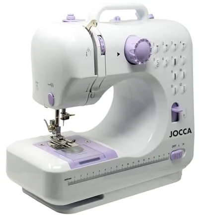 Jocca Máquina de Coser Portátil con 12 Puntadas, Brazo Libre, Doble Velocidad, Luz LED, Ojal en 4 Pasos, Accesorios Incluidos y Uso con Cable o Pilas