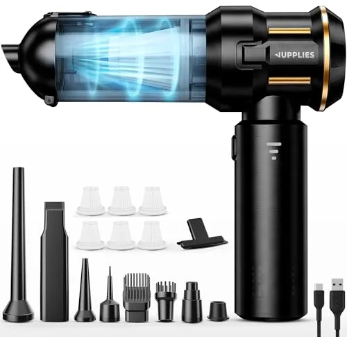 JUPPLIES Aspirador de Mano Inalámbrico Potente, 22000 PA, 3 Intensidades | 4 en 1: Succión, Soplado, Inflado, Vacío | 7 Accesorios, Motor Sin Escobillas | Mini Aspiradora Hogar Coche (Negro 6 filtros)