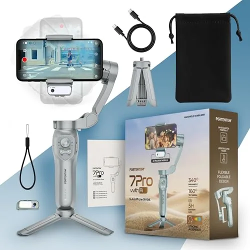 PORTENTUM 7 Pro estabilizador para movil con módulo IA de Seguimiento Independiente – Gimbal para móvil de 3 Ejes Plegable con trípode – App – Compatible iPhone y Android – Vlog, Youtube y TikTok