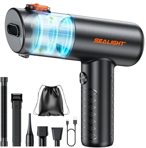 SEALIGHT Aspirador de Mano 32000Pa, 4 en 1 Aspiradora de Coche con Motor Sin Escobillas, aciado Automático de un Toque Mini Aspiradora Sin Cable para Pelo de Mascotas, Coche, Hogar