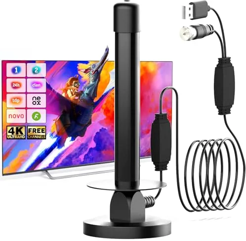 Antena TV Interior con Base Magnética y Amplificador Señal HDTV 8K 4K 1080P Compatible con Smart TV y Todos los Televisores Recepción Potente Antenas TV Interiores 5M Cable Coaxial