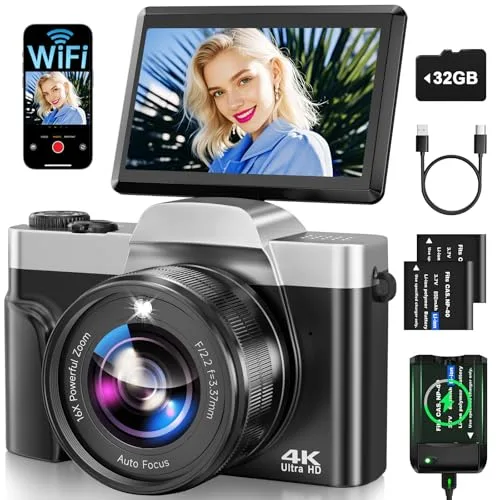Camara de Fotos con WiFi, 64MP 4K Autofocus Camara Digital Compacta con Pantalla Flip De 180° De 3