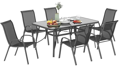 Outsunny Conjunto de Mesa y Sillas Jardín de 7 Piezas, Muebles de Jardín Exterior con Mesa y 6 Sillas para Terraza con Orificio para Sombrilla y Encimera de Cristal, para Terraza Patio, Gris Oscuro